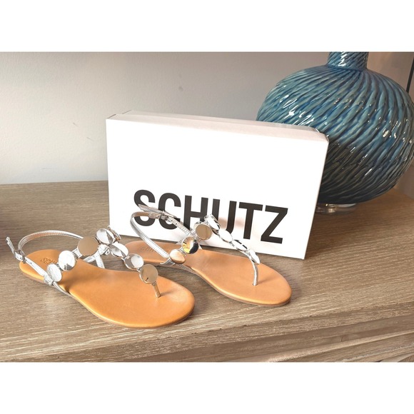 SCHUTZ Shoes - Schutz Acacia T Strap Flat Sandals Womens Metallic Silver 6.5B S0143003660002U